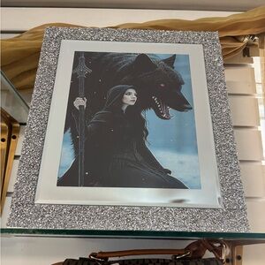 Gothic Woman & Wolf Glitter Frame Art Print - Silver